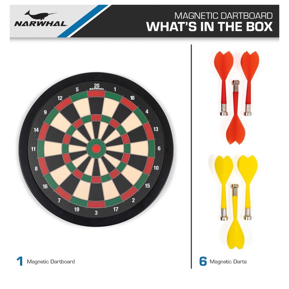 Narwhal 15.5in Magnetic Dartboard; Includes Six Magnetic Darts